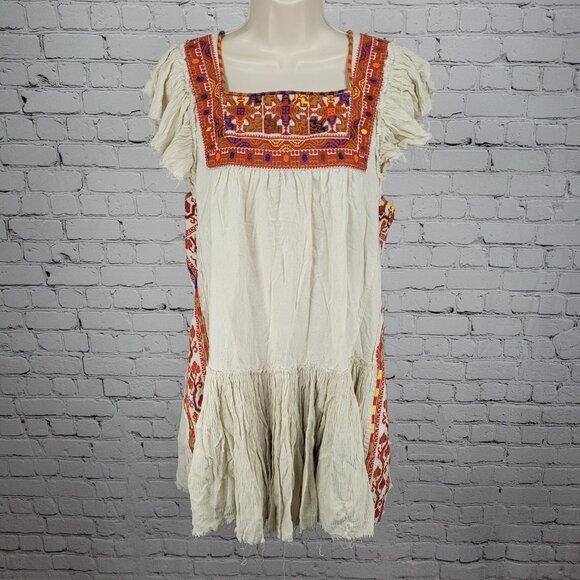 Free People Beige Colorful Aztec Embroidered Tiered Open Back Dress Medium M - Picture 1 of 14